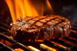 carne carne bife grelhado em fogo, Comida churrasco e quente grade, generativo ai foto