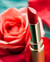 vermelho batom dentro uma dourado tubo e florescendo rosa flor, beleza Cosmético e Maquiagem produtos, generativo ai foto