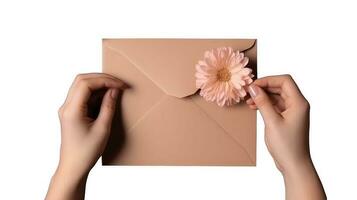 topo Visão foto do fêmea mão segurando envelope e flor em branco fundo.