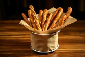 estoque foto do pretzel Gravetos ou salgadinhos dentro a cozinha mesa profissional Comida fotografia ai gerado