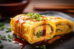 estoque foto do tamagoyaki japonês enrolado omelete editorial Comida fotografia generativo ai