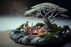 ai generativo miniatura escrivaninha zen caixa de areia com monge figura sentar dentro lótus posição, empilhado zen mar pedras, Castanho elefante estatuetas, spa velas queimando contra Sombrio estúdio fundo, cópia de espaço. foto