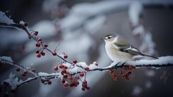 uma pássaro em uma ramo com vermelho bagas dentro a inverno. ai generativo foto