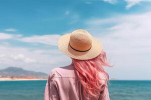 traseiro Visão do desfrutando mulher de mar costa. irreconhecível Rosa cabelos senhora dentro Palha chapéu retrato. ai generativo. foto