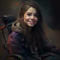 lindo menina sentado em roda cadeira sorridente Sombrio Veja foto