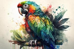 colorida lindo papagaio em filial, tropical exótico pássaro aguarela ilustração. generativo ai foto