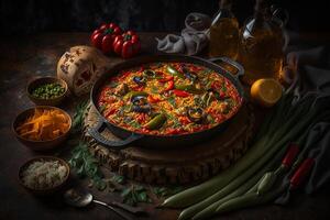 paella, nacional espanhol prato dentro fritar frigideira, legumes ingredientes em de madeira mesa. Comida ilustração ainda vida ai gerado foto