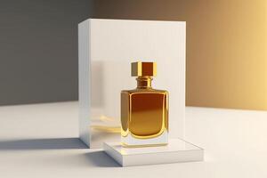garrafa do sensual luxo dourado perfume em branco pódio, minimalista estilo perfume fragrância modelo. cosméticos e beleza esfera conceito. generativo ai foto