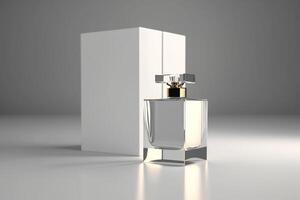 minimalista elegante perfume garrafa brincar em cinzento fundo, Cosmético aroma esfera. generativo ai foto