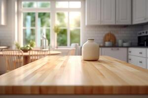 uma cozinha com uma branco mesa e uma janela com a Sol brilhando através isto, ai gerado foto