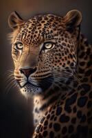 leopardo retrato em Sombrio fundo. ai generativo foto