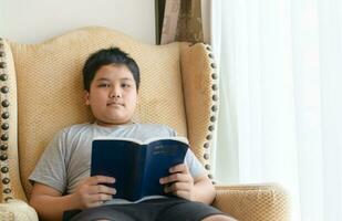 jovem Garoto lendo livro em cadeira às lar. foto
