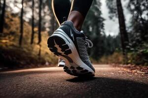 esporte, treinamento, saudável estilo de vida. Preto mulher desportista dentro Esportes sapatos em estrada, Treinamento ao ar livre. fechar-se, traseiro visualizar, baixo ângulo visualizar. generativo ai foto