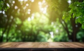 jardim mesa. de madeira fundo com verde plantas, árvores e folhas dentro bokeh borrão para produtos exibição ai gerado foto