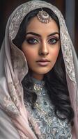 realista Visão do muito atraente jovem islâmico indiano mulher vestindo hijab e mangtika. generativo ai ilustração. foto