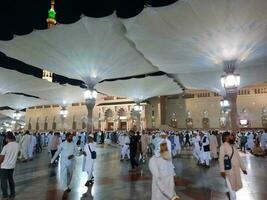 medina, saudita Arábia, pode 2023 - lindo noite Tempo Visão do masjid al nabawi, medina. visitantes, pátios lado de fora a mesquita, lindo luzes e eletrônico guarda-chuvas pode Além disso estar visto. foto