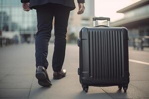 homem de negocios caminhando com uma mala de viagem dentro a aeroporto terminal, o negócio viagem conceito. generativo ai foto
