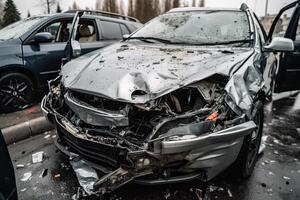 carro acidente em a estrada. a carro estava bater de uma carro acidente. generativo ai foto