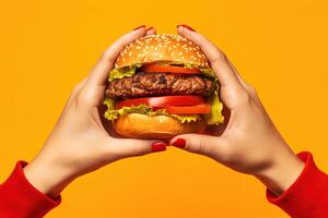 mãos segurando uma Hamburger isolado em amarelo fundo. ai gerado foto