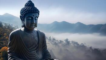 Buda estátua mediador em a topo do a montanha. generativo ai. foto