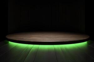 uma de madeira circular plataforma pódio com verde néon luz em Sombrio fundo. ai gerado foto