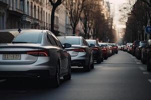 carros em uma cidade rua dentro a tarde. tráfego geléia. generativo ai foto