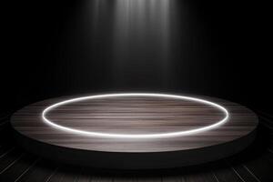 uma de madeira circular plataforma pódio com branco néon luz em Sombrio fundo. ai gerado foto