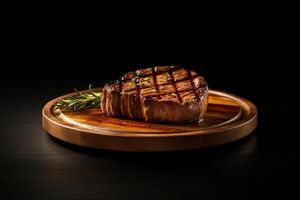 uma de madeira borda do suculento delicioso carne bife em uma Sombrio fundo. carne prato com especiarias e ervas. ai gerado foto
