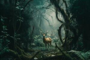 uma mágico fada conto floresta com cervo. uma mítico reino é gostar alguma coisa Fora do uma livro de histórias. ai gerado foto