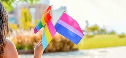 gênero queer. pessoas onda lgbtq gay orgulho arco Iris bandeiras às uma orgulho evento. seletivo foco. foto
