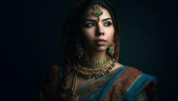 jovem mulher dentro sari exala elegância e glamour gerado de ai foto