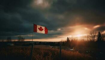 canadense bandeira retroiluminado de pôr do sol sobre floresta gerado de ai foto