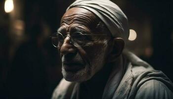 Senior homens dentro tradicional roupas sorridente ao ar livre gerado de ai foto