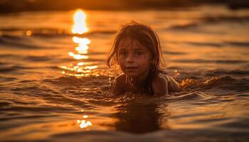 sorridente criança goza verão nadar às pôr do sol gerado de ai foto