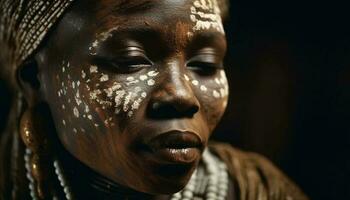 lindo jovem africano mulher com sereno confiança gerado de ai foto