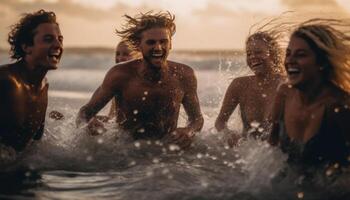 sorridente jovem adultos apreciar despreocupado verão Diversão gerado de ai foto