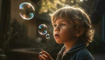 loiro criança pequena Garoto sopro bolhas dentro natureza gerado de ai foto