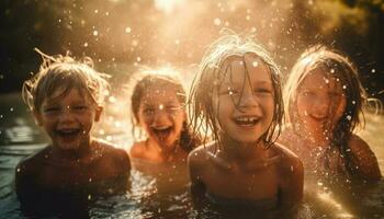 infância diversão, espirrando dentro a piscina juntos gerado de ai foto