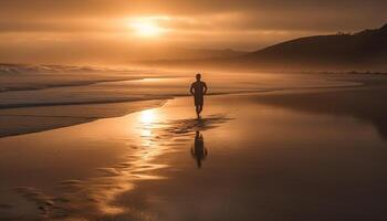 silhueta do 1 pessoa caminhando em de praia gerado de ai foto