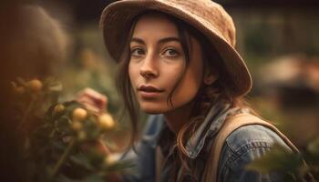 jovem mulher dentro natureza, sorridente com confiança gerado de ai foto