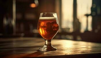 espumoso Cerveja vidro em de madeira mesa às bar gerado de ai foto