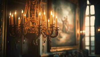 católico altar iluminado de luz de velas e lustre gerado de ai foto