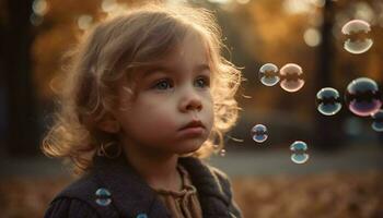 sorridente criança sopro bolhas dentro natureza beleza gerado de ai foto