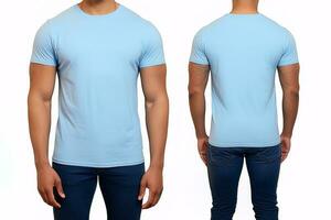 foto realista masculino azul Camisetas com cópia de espaço, frente, e costas visualizar. ai gerado