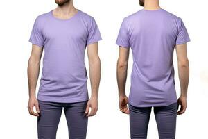 foto realista masculino roxa Camisetas com cópia de espaço, frente, e costas visualizar. ai gerado