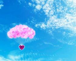 Rosa coração em forma diamantes e Rosa balões, brilhante céu fundo, dia dos namorados dia conceito foto