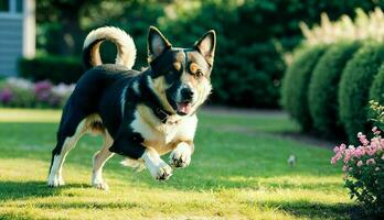 cachorro corrida dentro a quintal foto