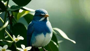 azul pássaro empoleirado em uma flor ramo lindo foto