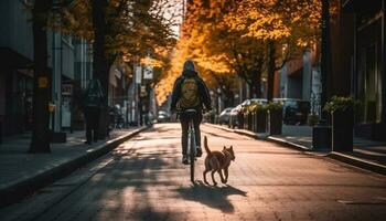 uma de raça pura buldogue anda em em trela através cidade ruas às crepúsculo generativo ai foto