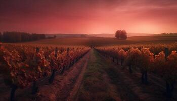 uma tranquilo pôr do sol sobre uma Vinhedo dentro a chianti região generativo ai foto